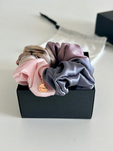 upcycled silk scrunchie from cut offs in pink and grey shades